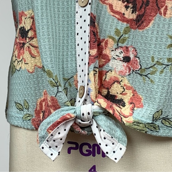 Oddi Retro Spring Floral Rose Polka Dot Teal Cutout Cold Shoulder Bow Top - Picture 11 of 16